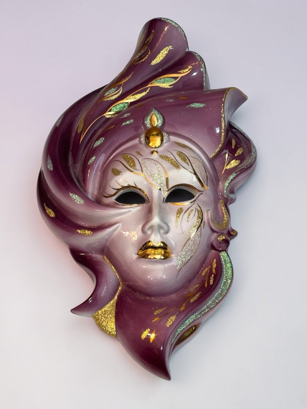 Vintage Handcrafted Ceramic Wall Mask With Gold  & Glitter Accents Purple & Whit